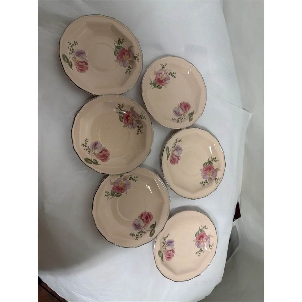 6 Vintage Taylor, Smith & Taylor Pink Floral Saucers Silver Rimmed Marked